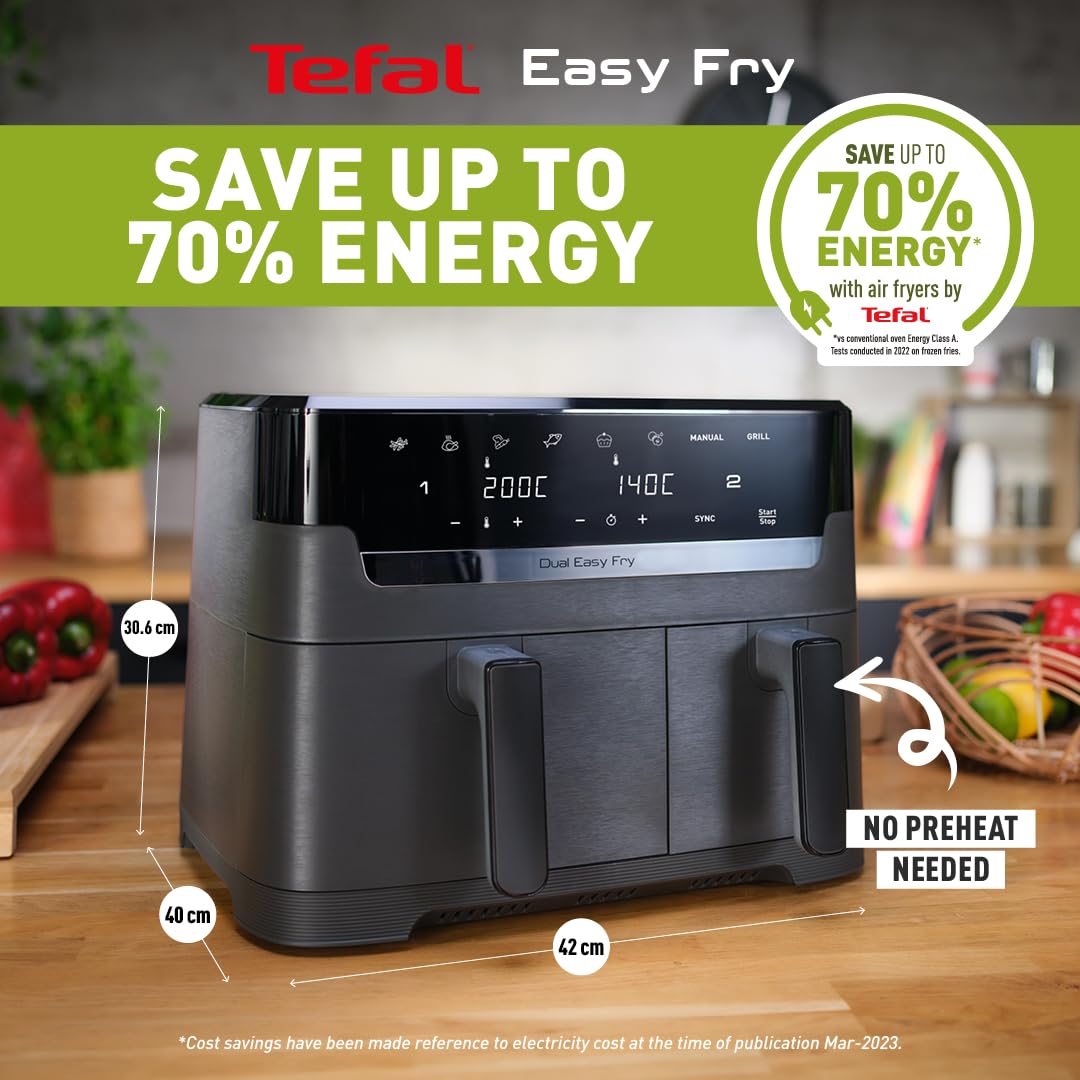 Tefal Easy Fry Dual Zone Air Fryer – 8.3L, 2 Drawers, 8-in-1 Cooking, Grey
