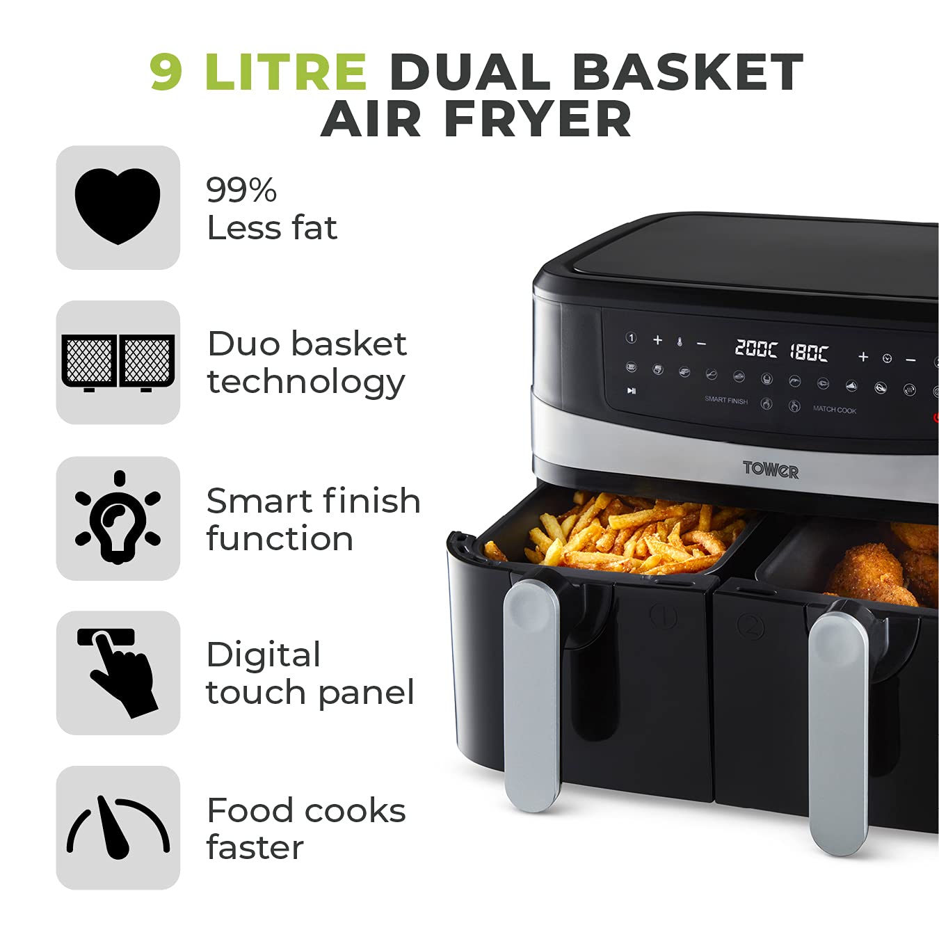 Tower Vortx Dual Basket Air Fryer – 9L, Smart Finish, 2600W, Black