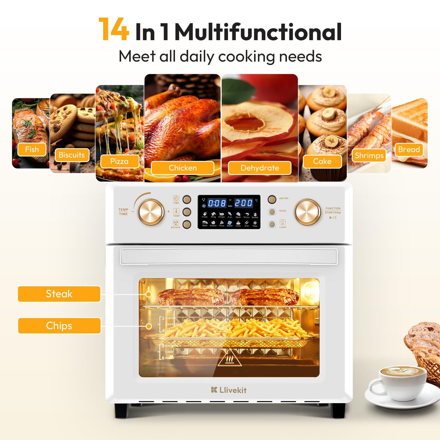 LLIVEKIT 26L Air Fryer Oven – 14 Programs, 360° Hot Air, Dishwasher Safe, White