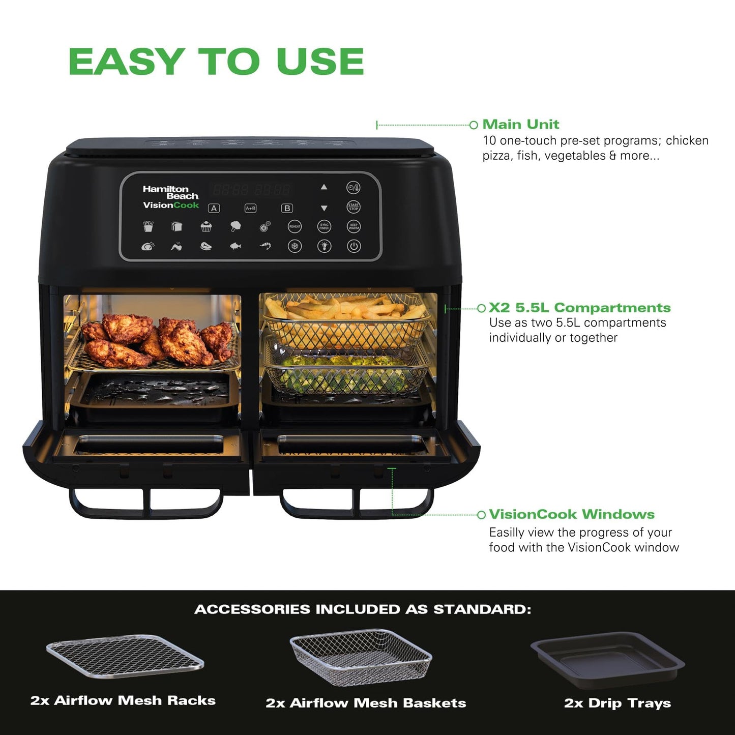 Hamilton Beach 11L Dual Air Fryer – VisionCook Window, 10 Presets, Smart Finish