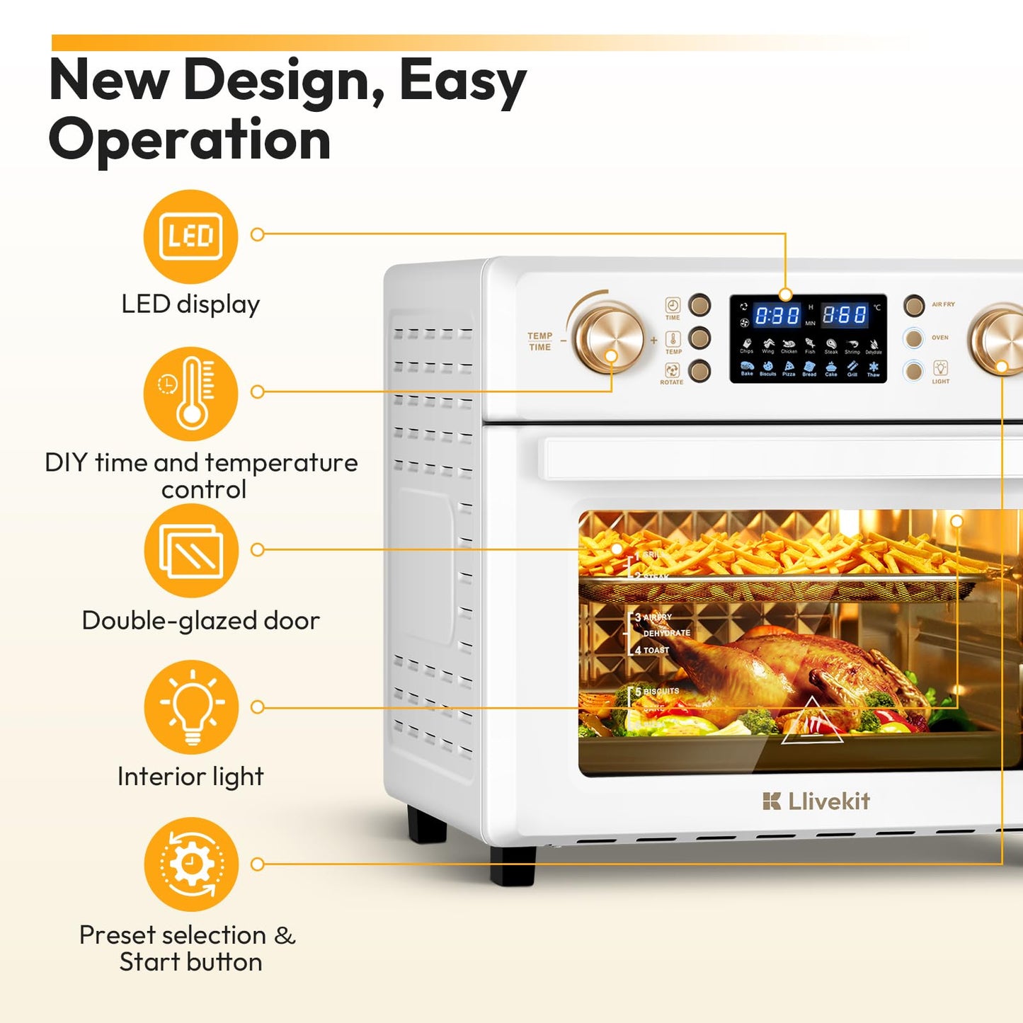 LLIVEKIT 26L Air Fryer Oven – 14 Programs, 360° Hot Air, Dishwasher Safe, White