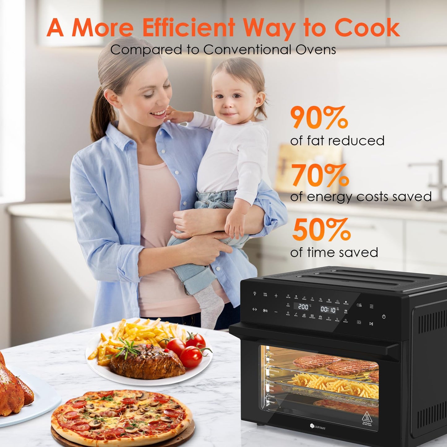 LLIVEKIT 30L Air Fryer Oven – Rotisserie, 20 Programs, LED Touch, Stainless Steel