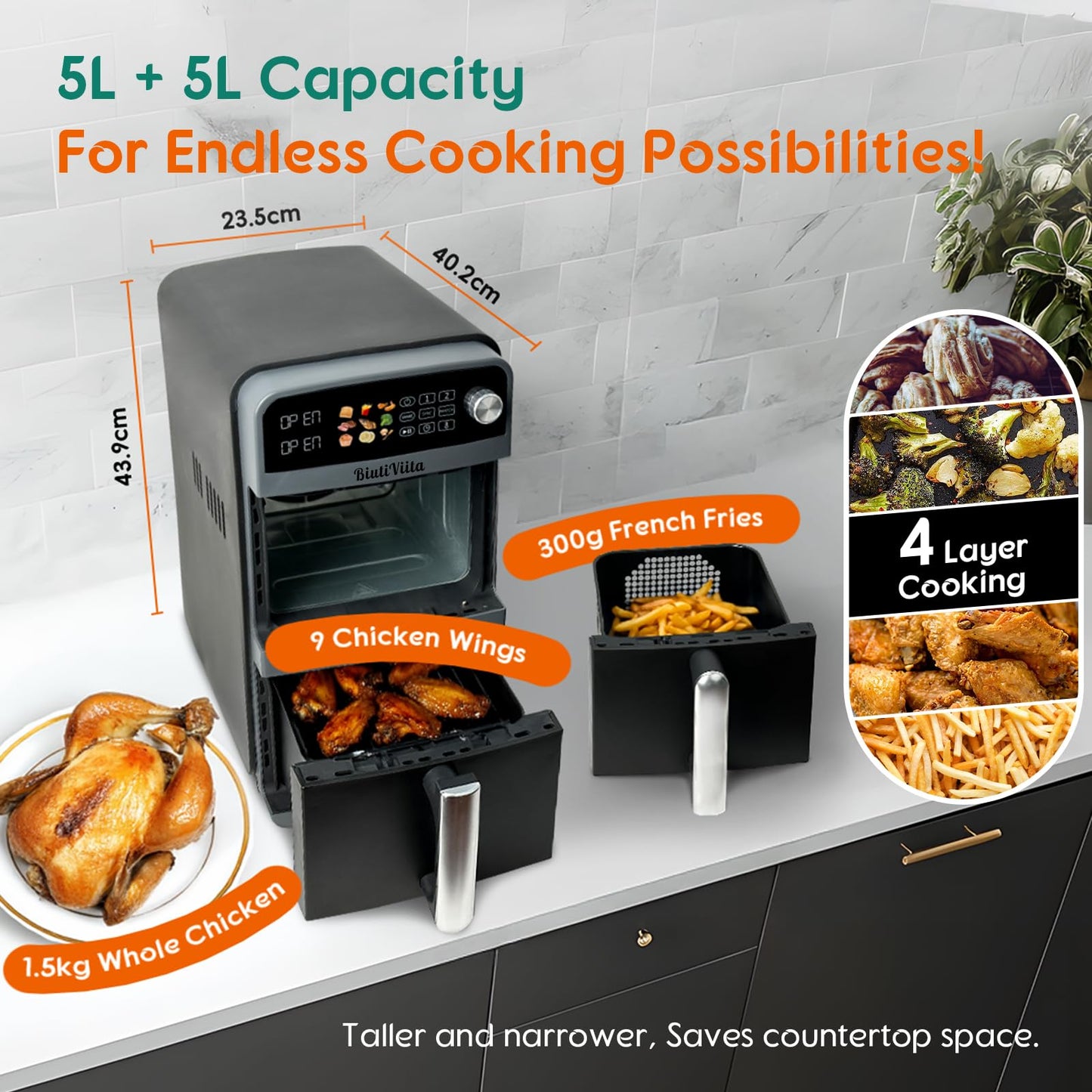 BiutiViita 10L Dual Basket Air Fryer – 2 Drawers, 9-in-1 Modes, Family Size