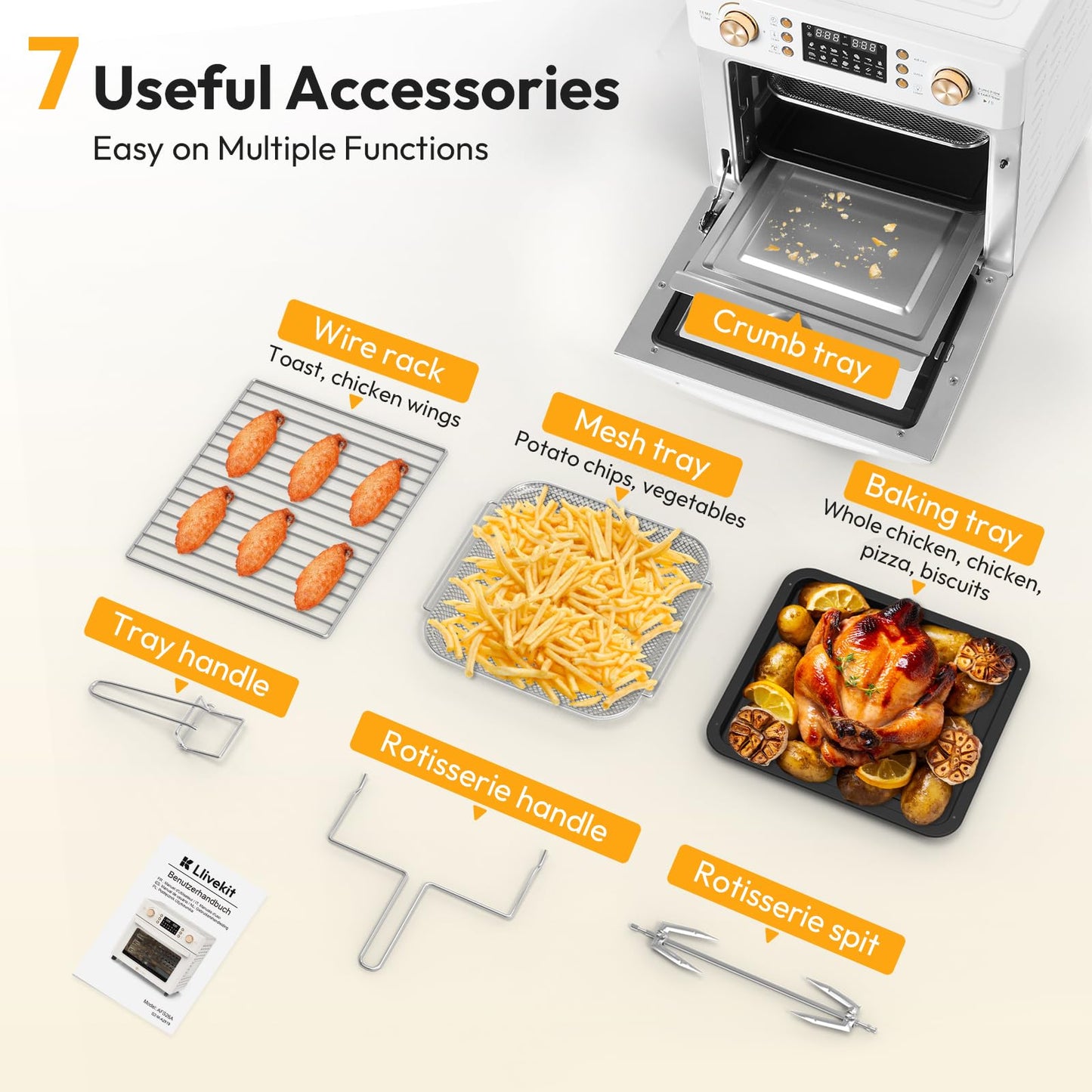 LLIVEKIT 26L Air Fryer Oven – 14 Programs, 360° Hot Air, Dishwasher Safe, White