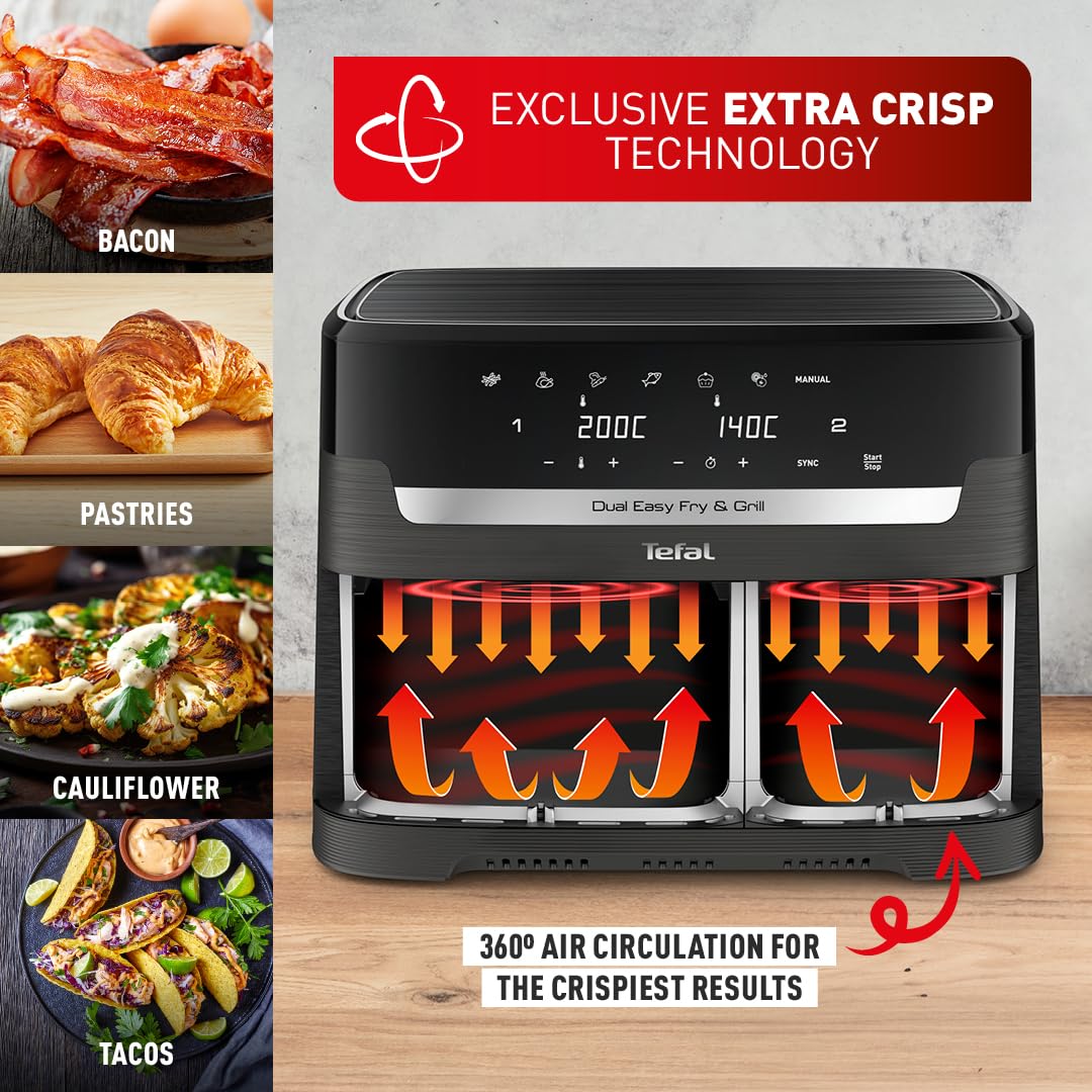 Tefal Easy Fry Dual Zone Air Fryer – 8.3L, 2 Drawers, 8-in-1 Cooking, Grey