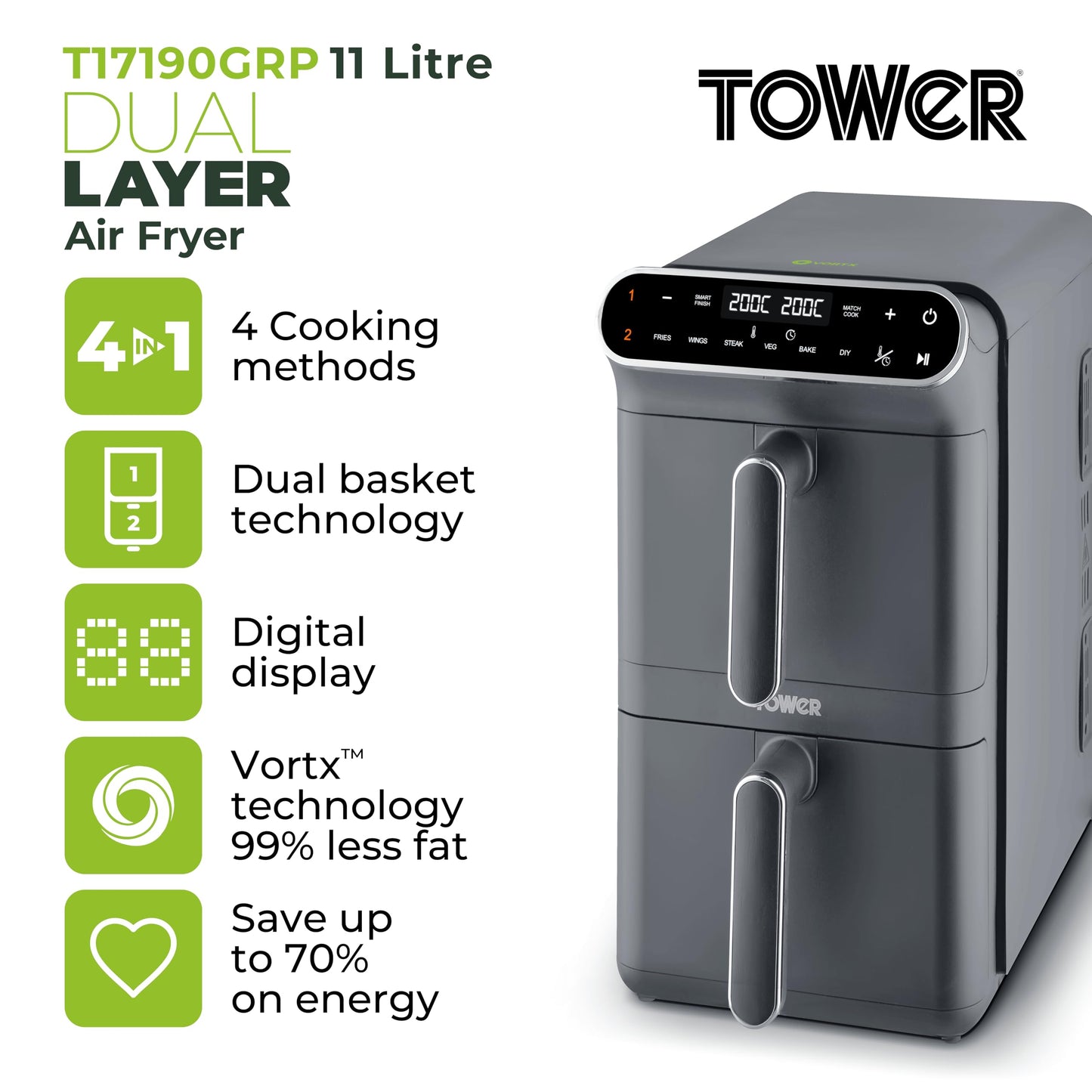 Tower Vortx XL Dual Stack Air Fryer – 11L, Digital Control, 6 Presets, Graphite