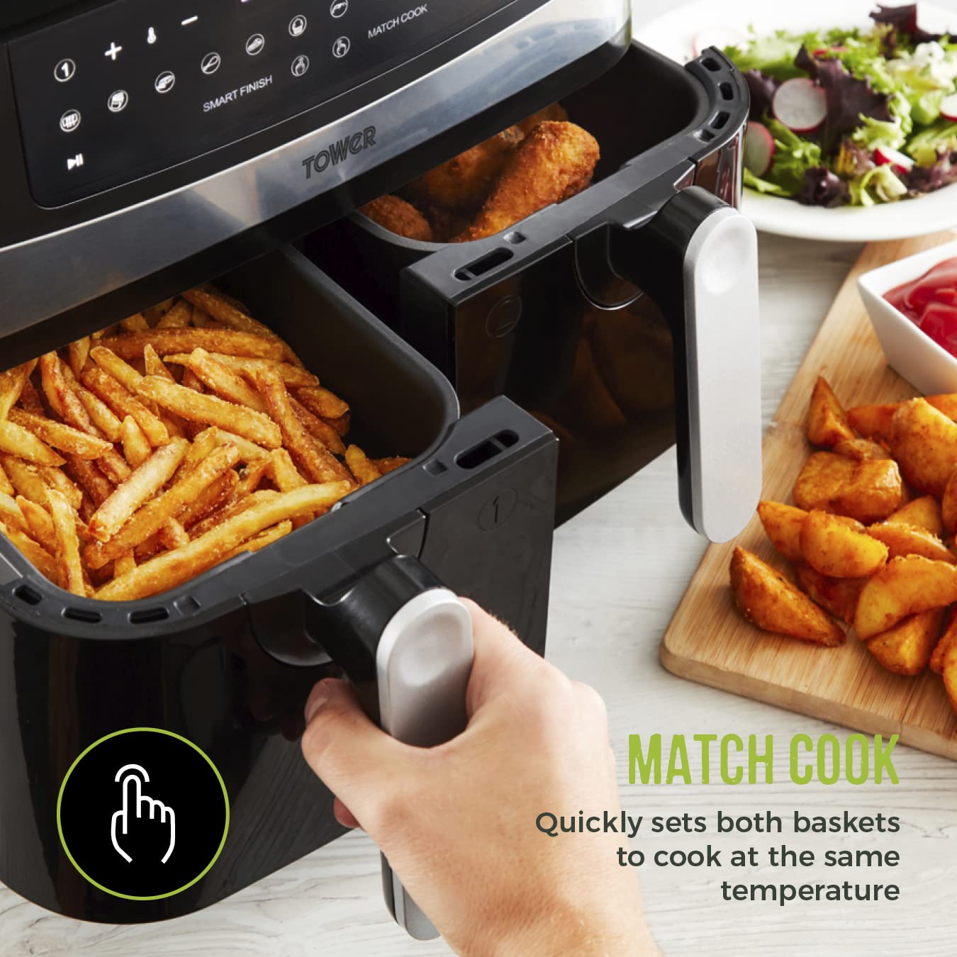 Tower Vortx Dual Basket Air Fryer – 9L, Smart Finish, 2600W, Black