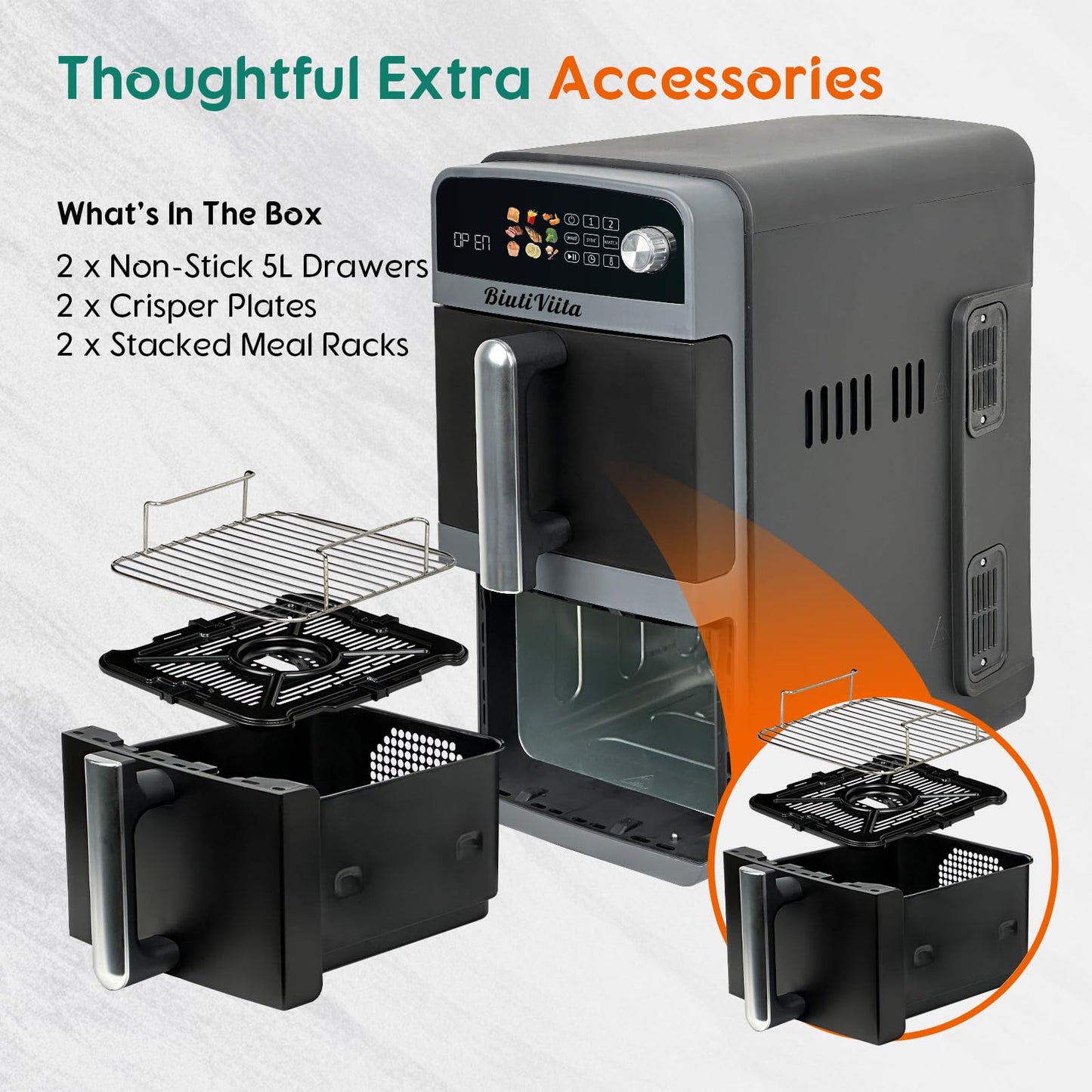 BiutiViita 10L Dual Basket Air Fryer – 2 Drawers, 9-in-1 Modes, Family Size