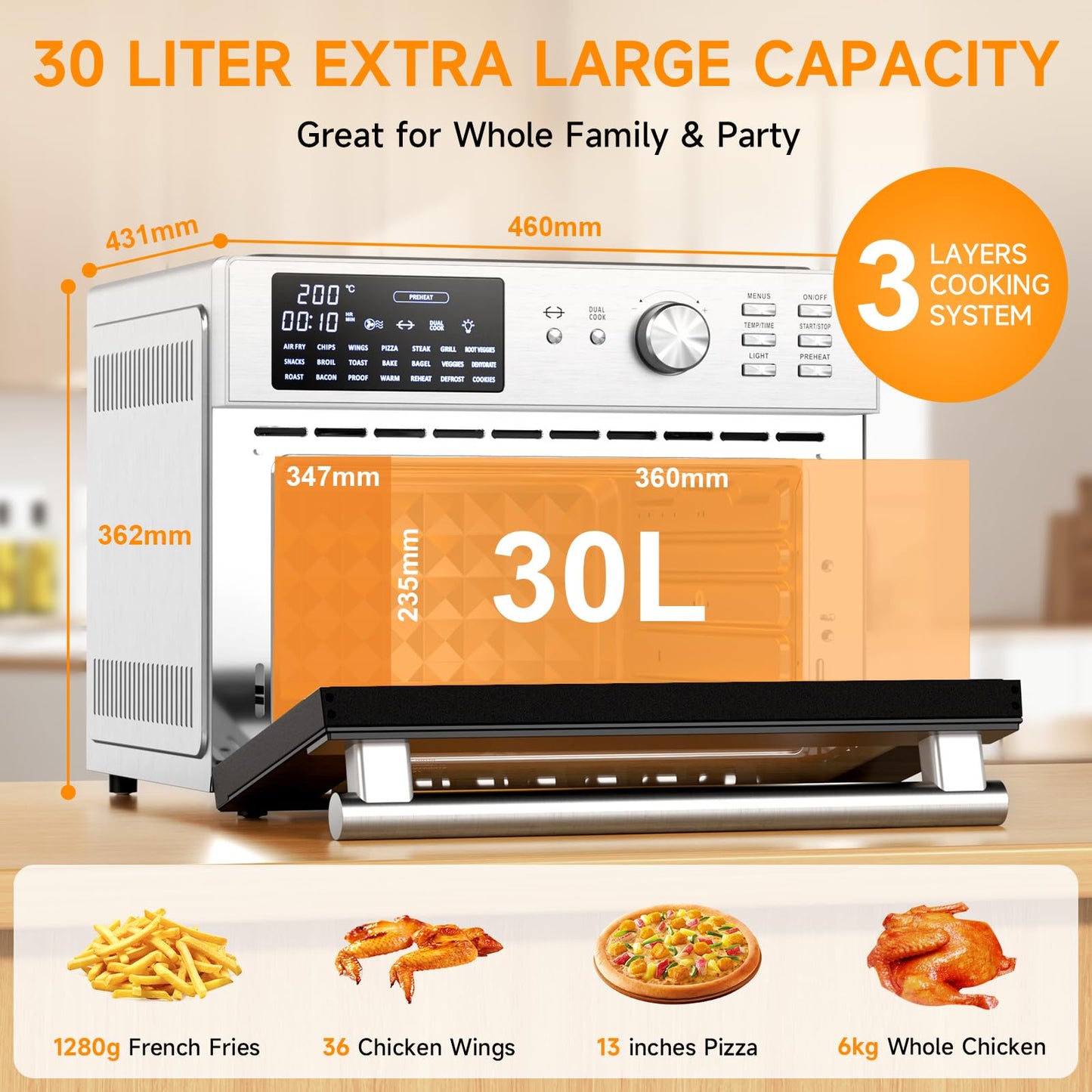 30L Air Fryer Oven – Rotisserie, 21 Presets, Digital Display, Double Glass Door