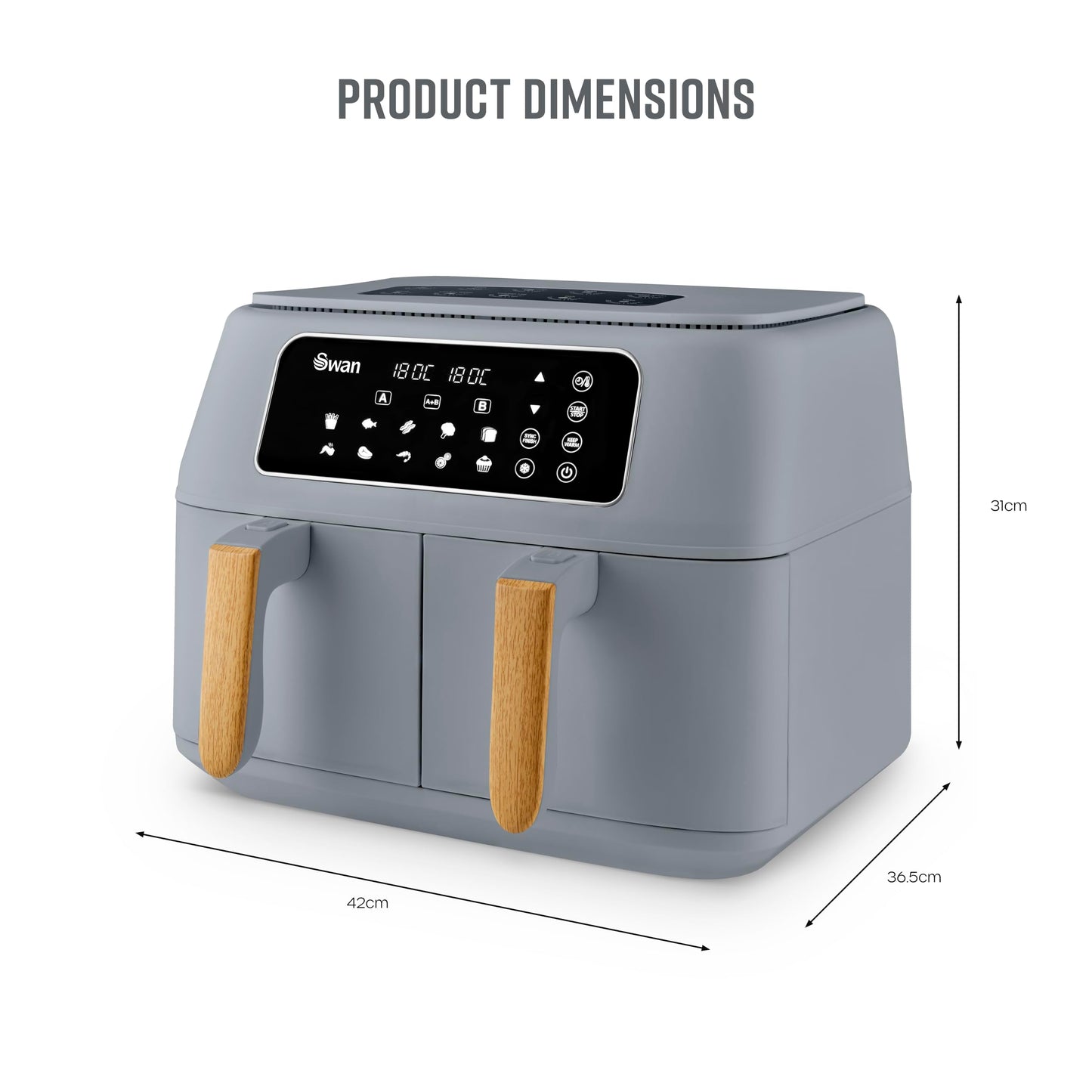 Swan Nordic Duo Dual Basket Air Fryer – 8L, 13-in-1 Presets, Grey