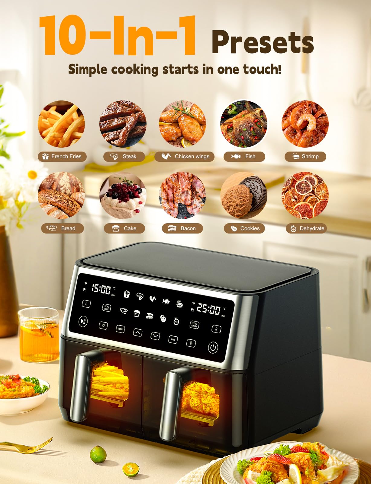 10L Dual Drawer Air Fryer – 10-in-1 Presets, Sync Cook, Smart Touchscreen