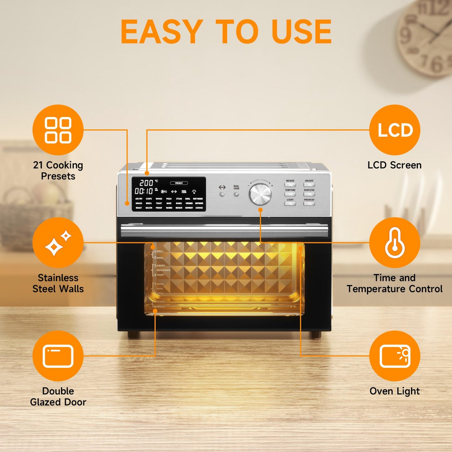 30L Air Fryer Oven – Rotisserie, 21 Presets, Digital Display, Double Glass Door