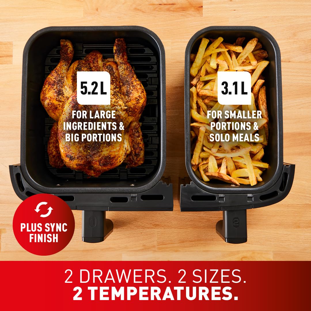 Tefal Easy Fry Dual Zone Air Fryer – 8.3L, 2 Drawers, 8-in-1 Cooking, Grey