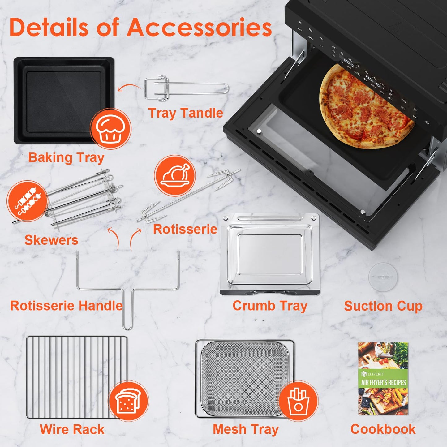 LLIVEKIT 30L Air Fryer Oven – Rotisserie, 20 Programs, LED Touch, Stainless Steel