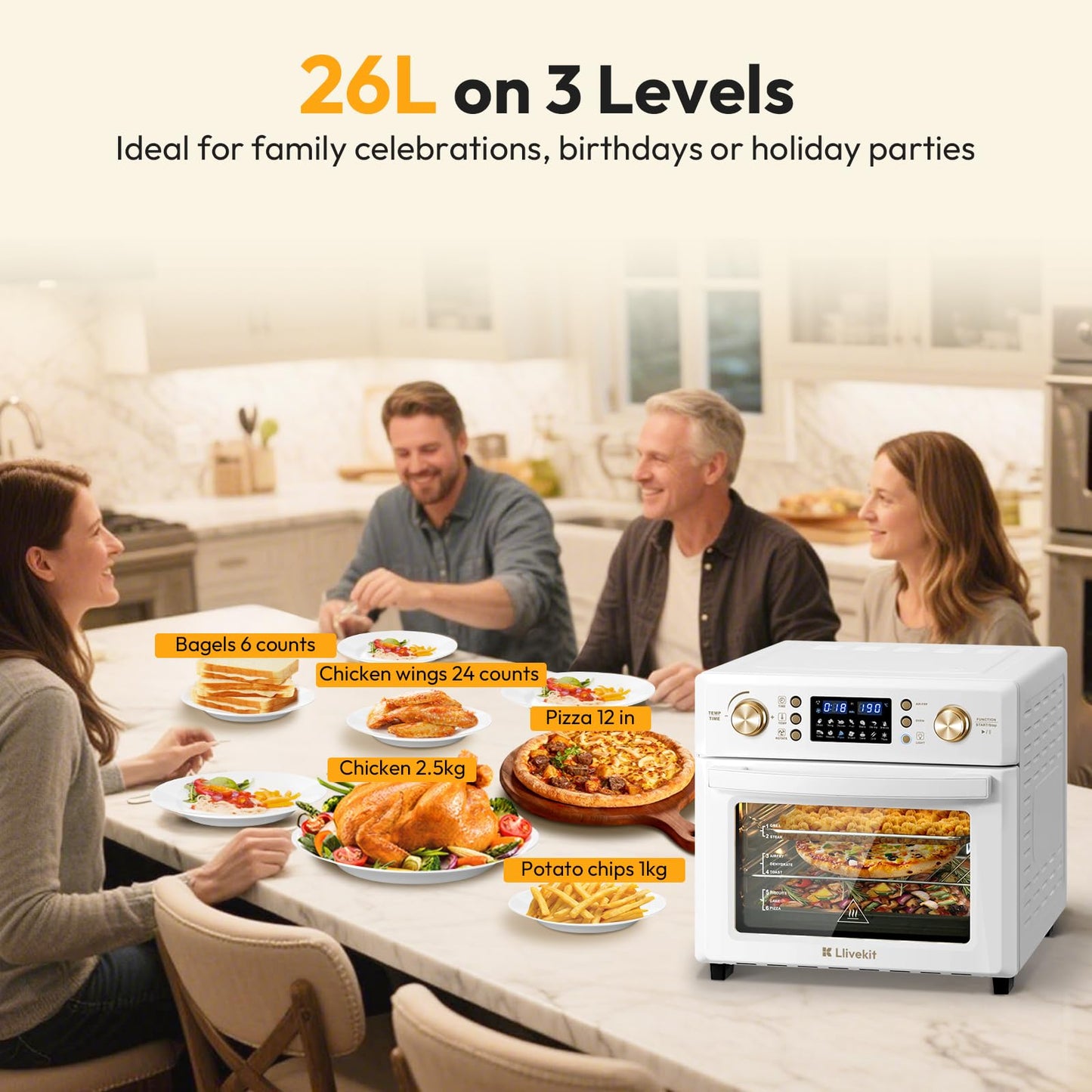 LLIVEKIT 26L Air Fryer Oven – 14 Programs, 360° Hot Air, Dishwasher Safe, White