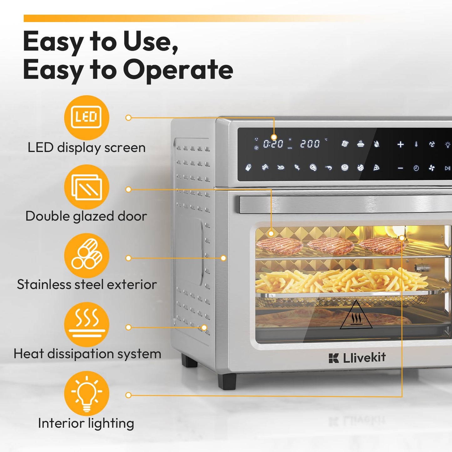 LLIVEKIT 26L Air Fryer Oven – Rotisserie, 12-in-1 Programs, Stainless Steel