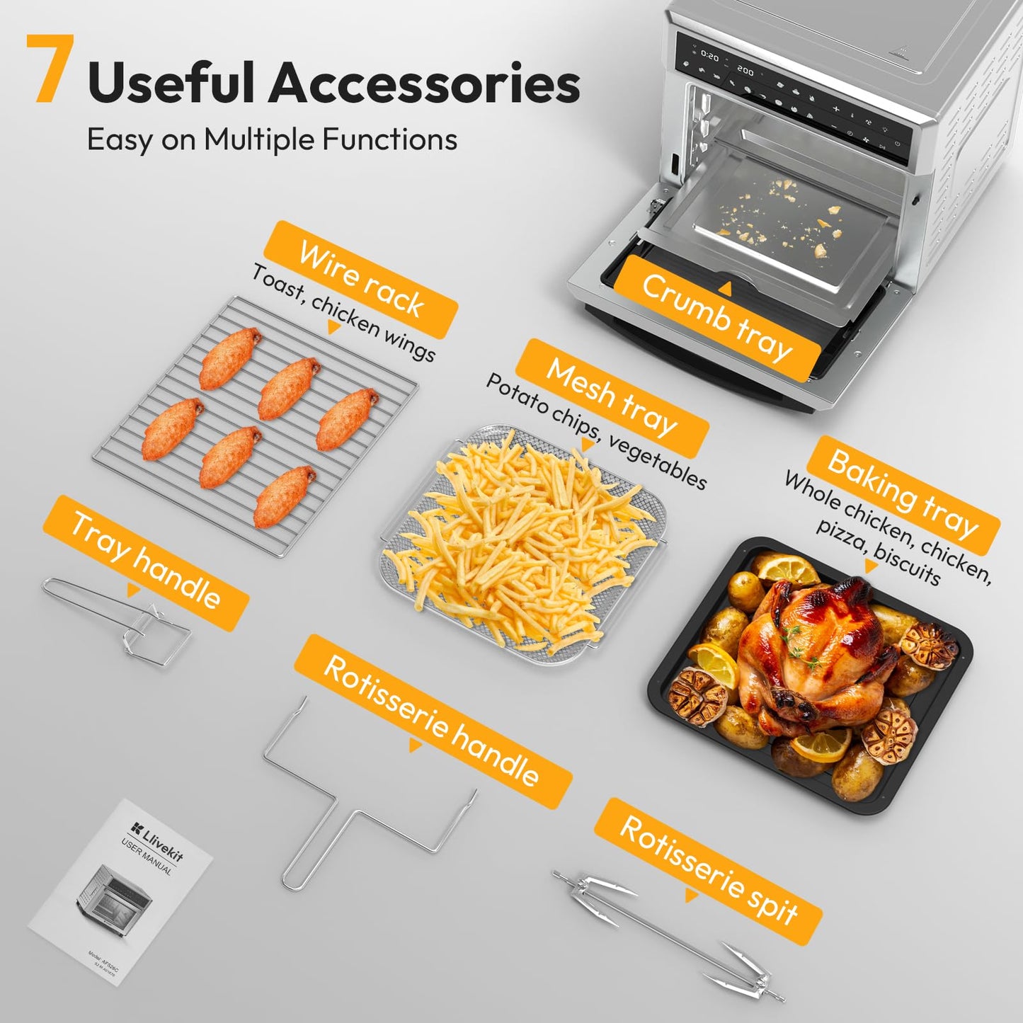 LLIVEKIT 26L Air Fryer Oven – Rotisserie, 12-in-1 Programs, Stainless Steel