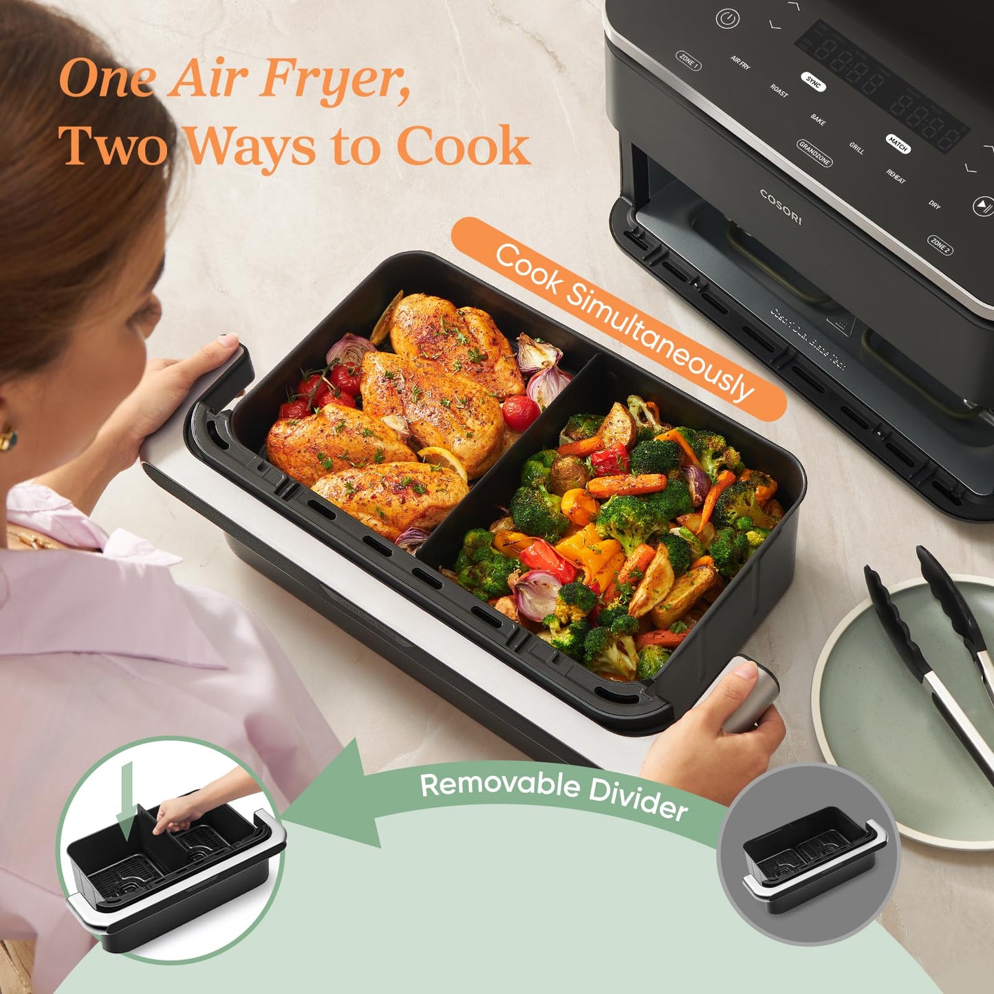 COSORI Dual Air Fryer 10L โ Single & Double Zone, 8-in-1 Cooking, Smart Control