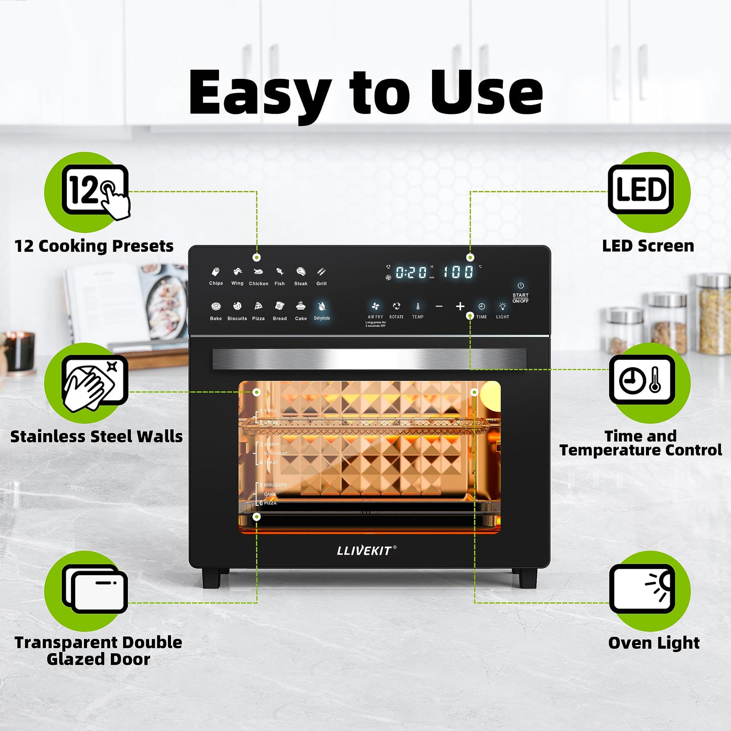 LLIVEKIT 26L Air Fryer Mini Oven – Rotisserie, 12 Presets, Countertop Design