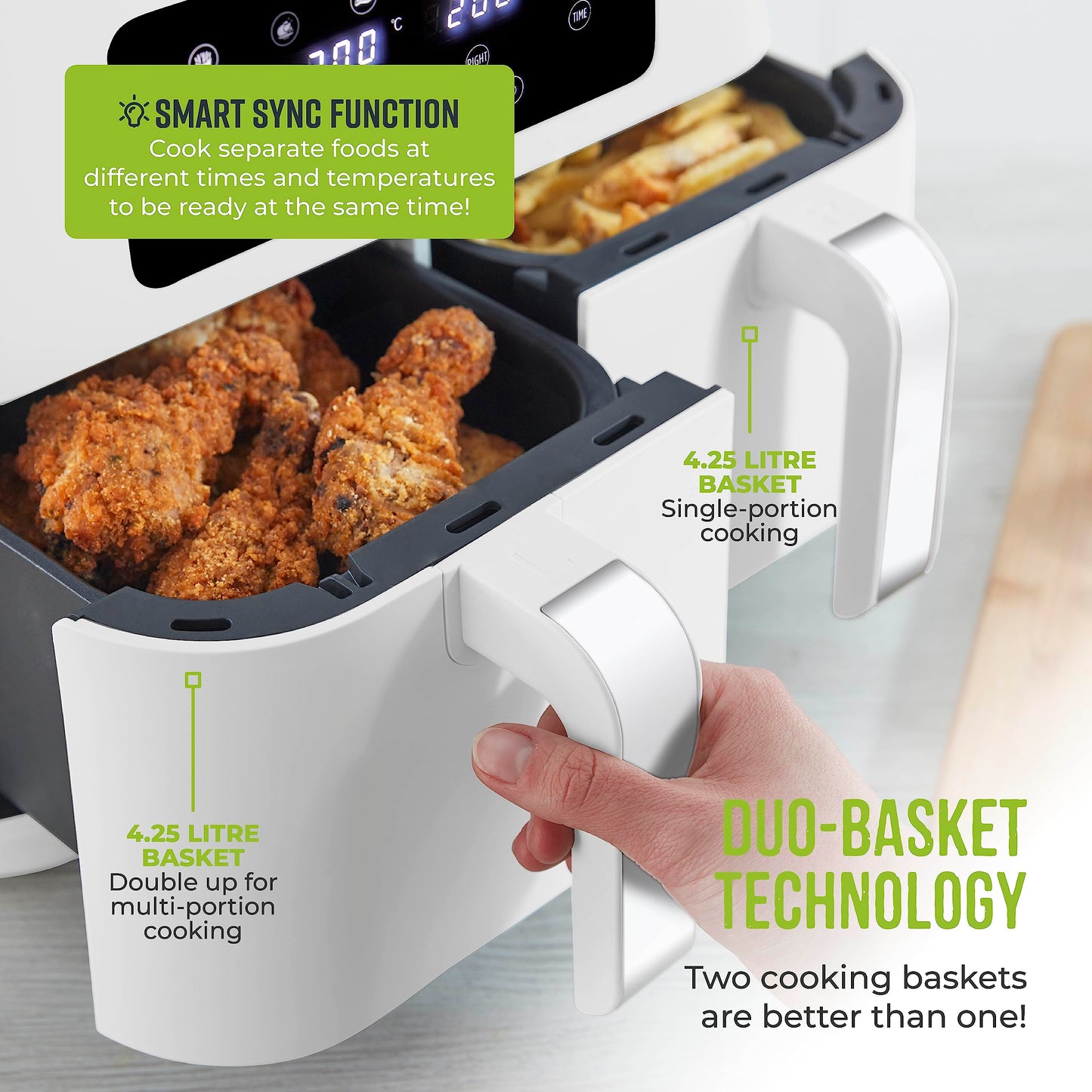 Tower Vortx Dual Basket Air Fryer – 8.5L, Dual Cook, 2400W, White & Chrome