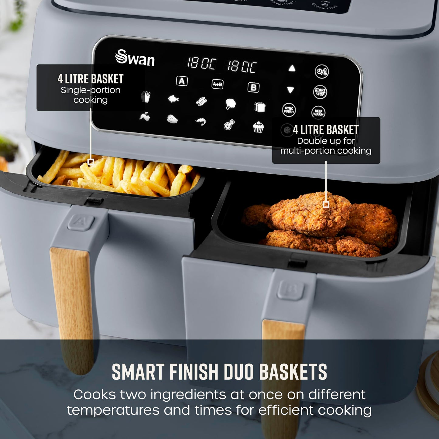 Swan Nordic Duo Dual Basket Air Fryer – 8L, 13-in-1 Presets, Grey