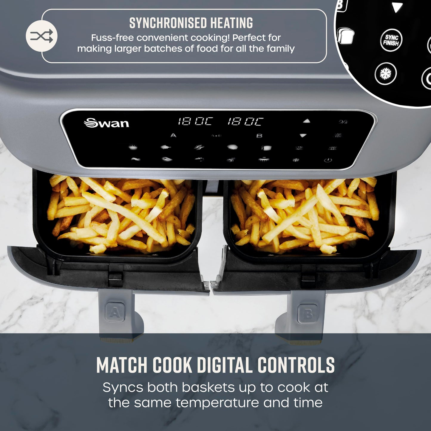 Swan Nordic Duo Dual Basket Air Fryer – 8L, 13-in-1 Presets, Grey