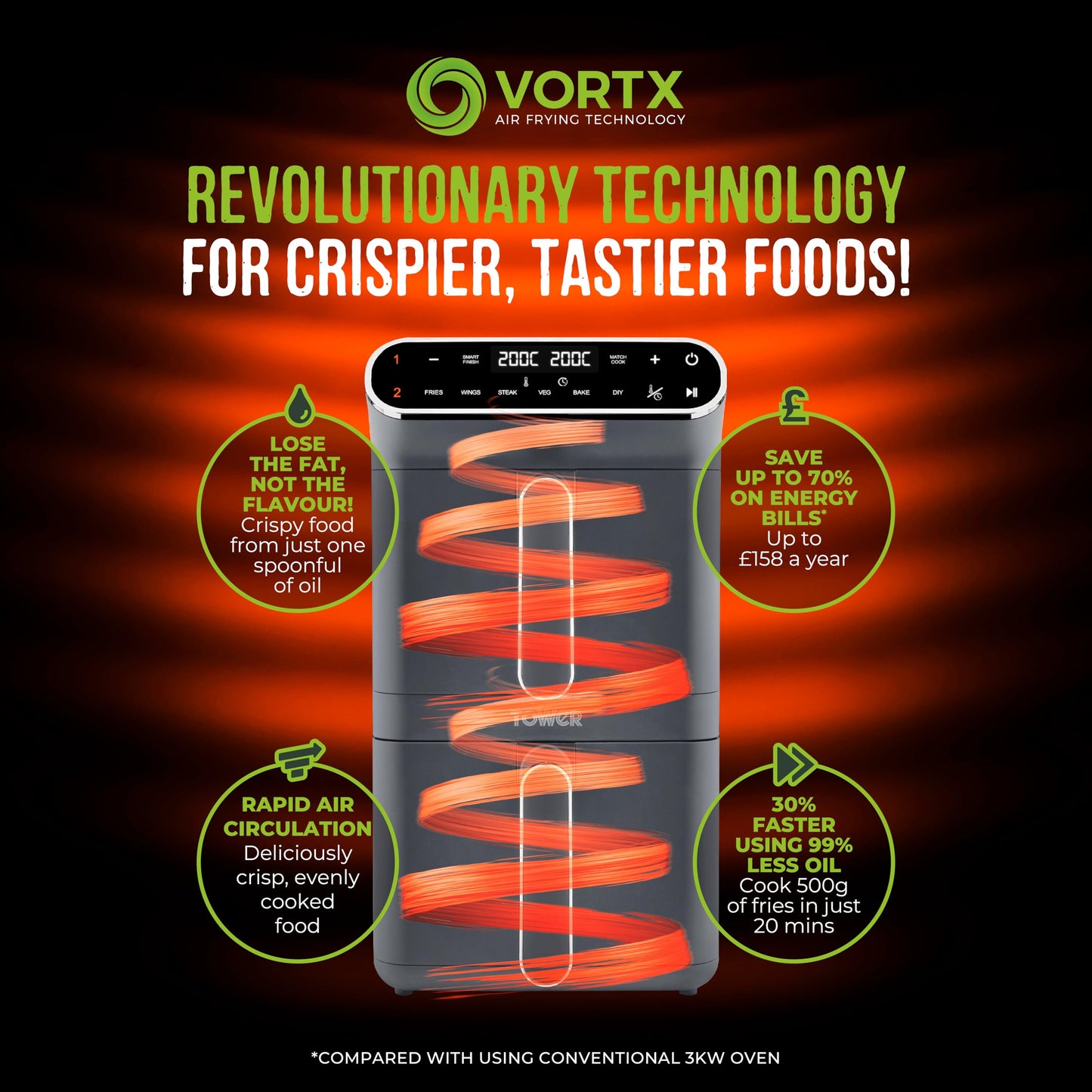 Tower Vortx XL Dual Stack Air Fryer – 11L, Digital Control, 6 Presets, Graphite
