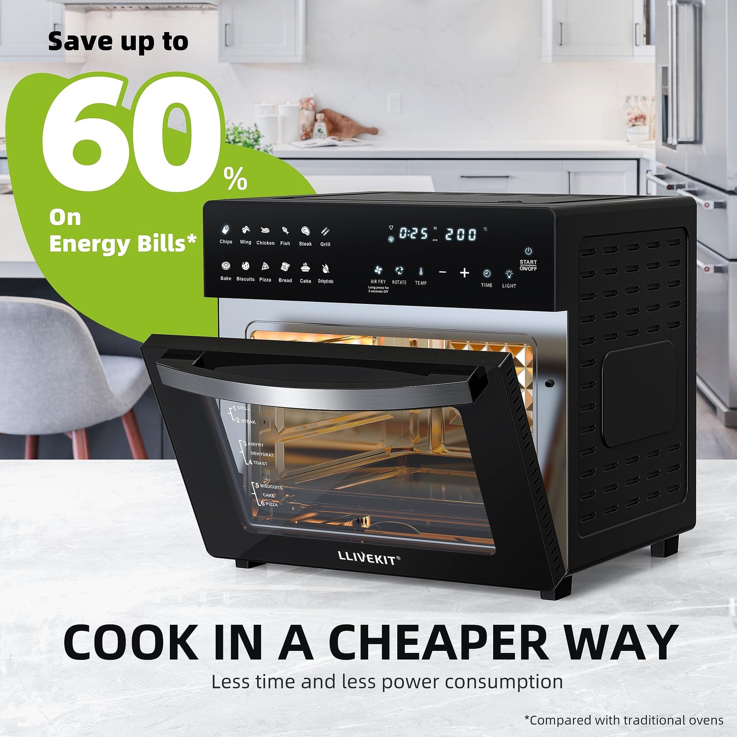 LLIVEKIT 26L Air Fryer Mini Oven – Rotisserie, 12 Presets, Countertop Design