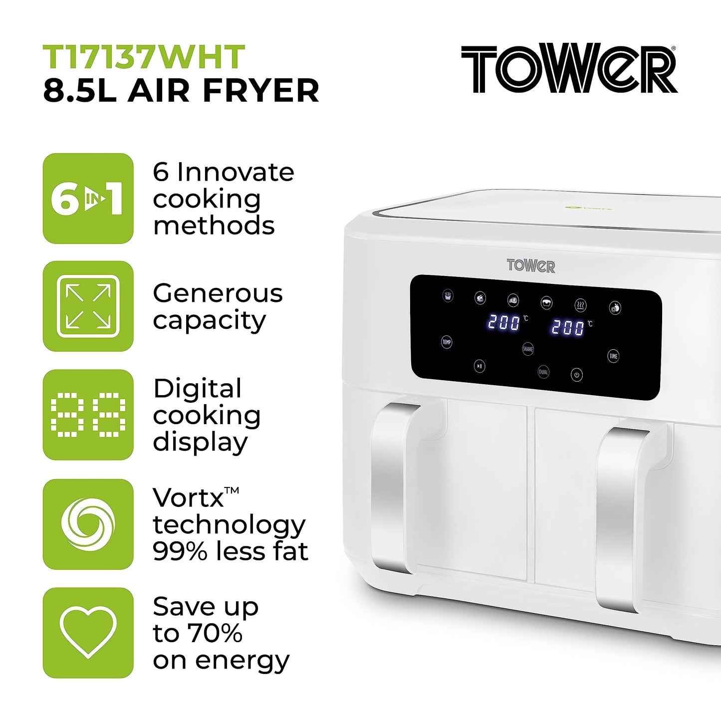 Tower Vortx Dual Basket Air Fryer – 8.5L, Dual Cook, 2400W, White & Chrome