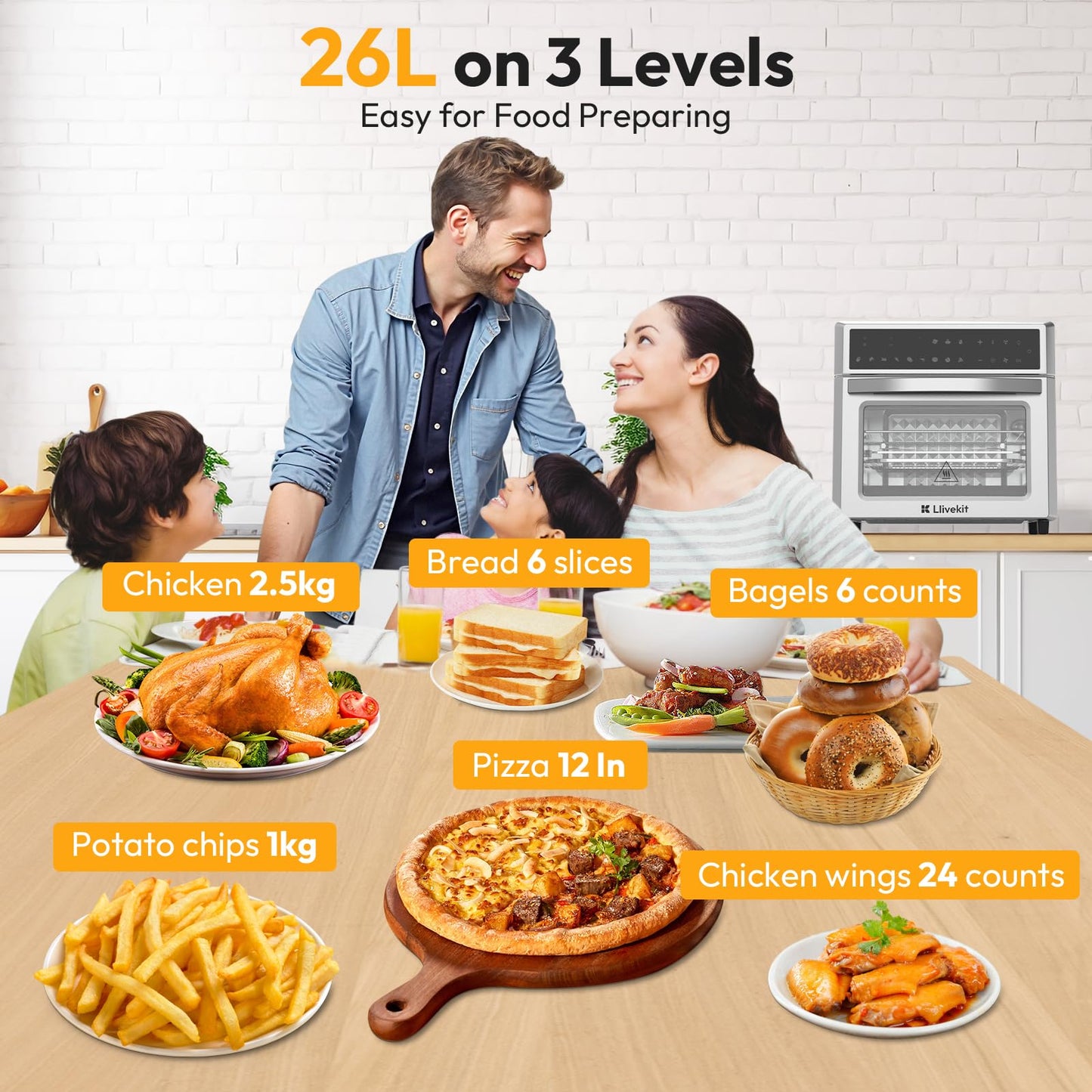 LLIVEKIT 26L Air Fryer Oven – Rotisserie, 12-in-1 Programs, Stainless Steel