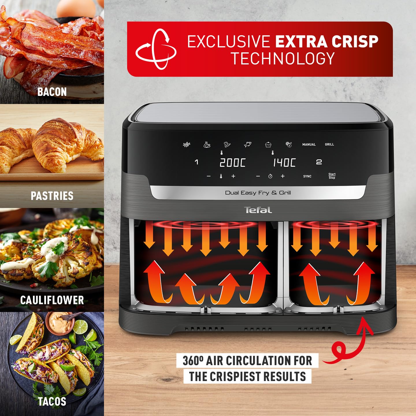 Tefal Easy Fry Dual Zone Air Fryer – 8.3L, 2 Drawers, 8-in-1 Functions, Grey