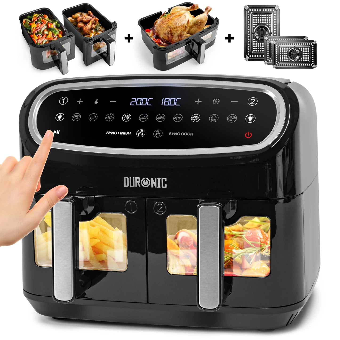 Duronic AF34 Triple Drawer 10L Air Fryer – Dual Zone, Visual Window, 10-in-1
