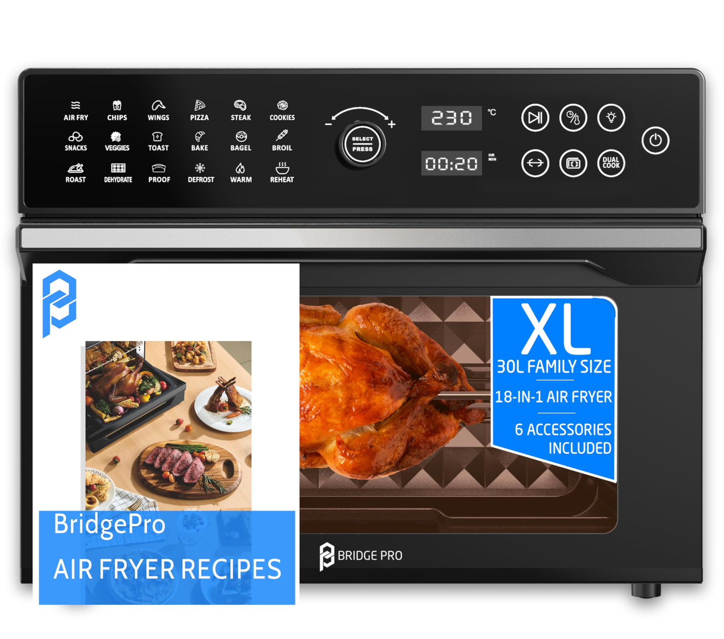 BridgePro 30L Digital Air Fryer Oven – Rotisserie, 18-in-1 Presets, 1800W