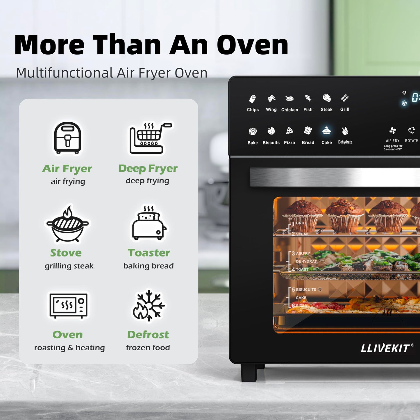 LLIVEKIT 26L Air Fryer Mini Oven – Rotisserie, 12 Presets, Countertop Design