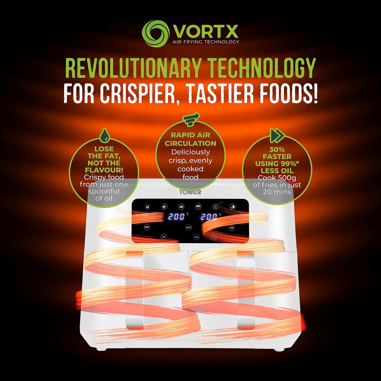 Tower Vortx Dual Basket Air Fryer – 8.5L, Dual Cook, 2400W, White & Chrome