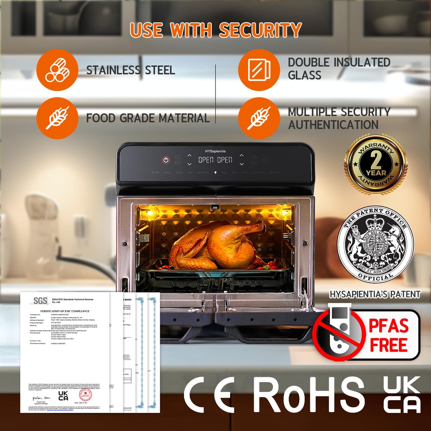 HYSapientia 22L Dual Zone Air Fryer Oven with Rotisserie – 10-in-1, Stainless Steel