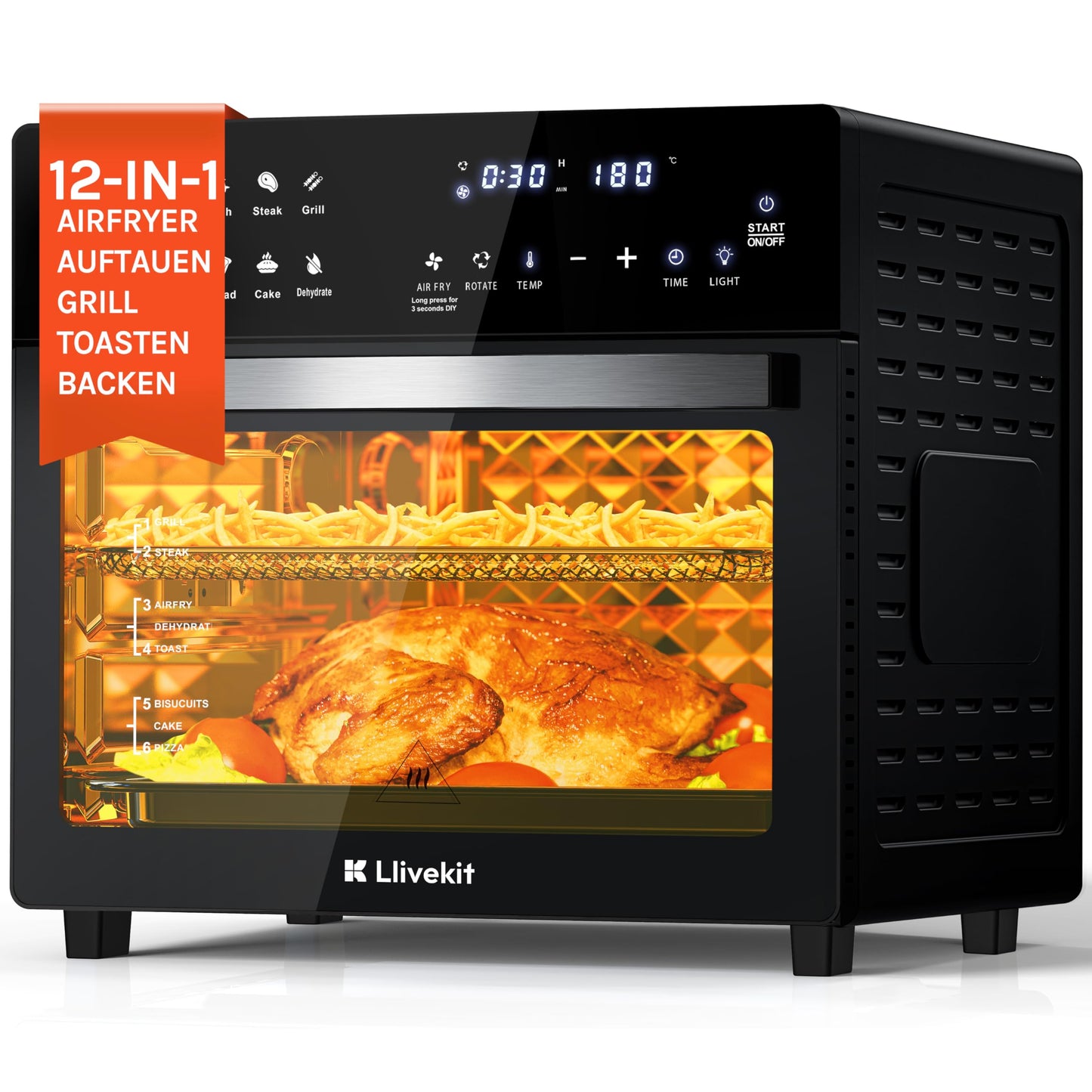 LLIVEKIT 26L Air Fryer Mini Oven – Rotisserie, 12 Presets, Countertop Design