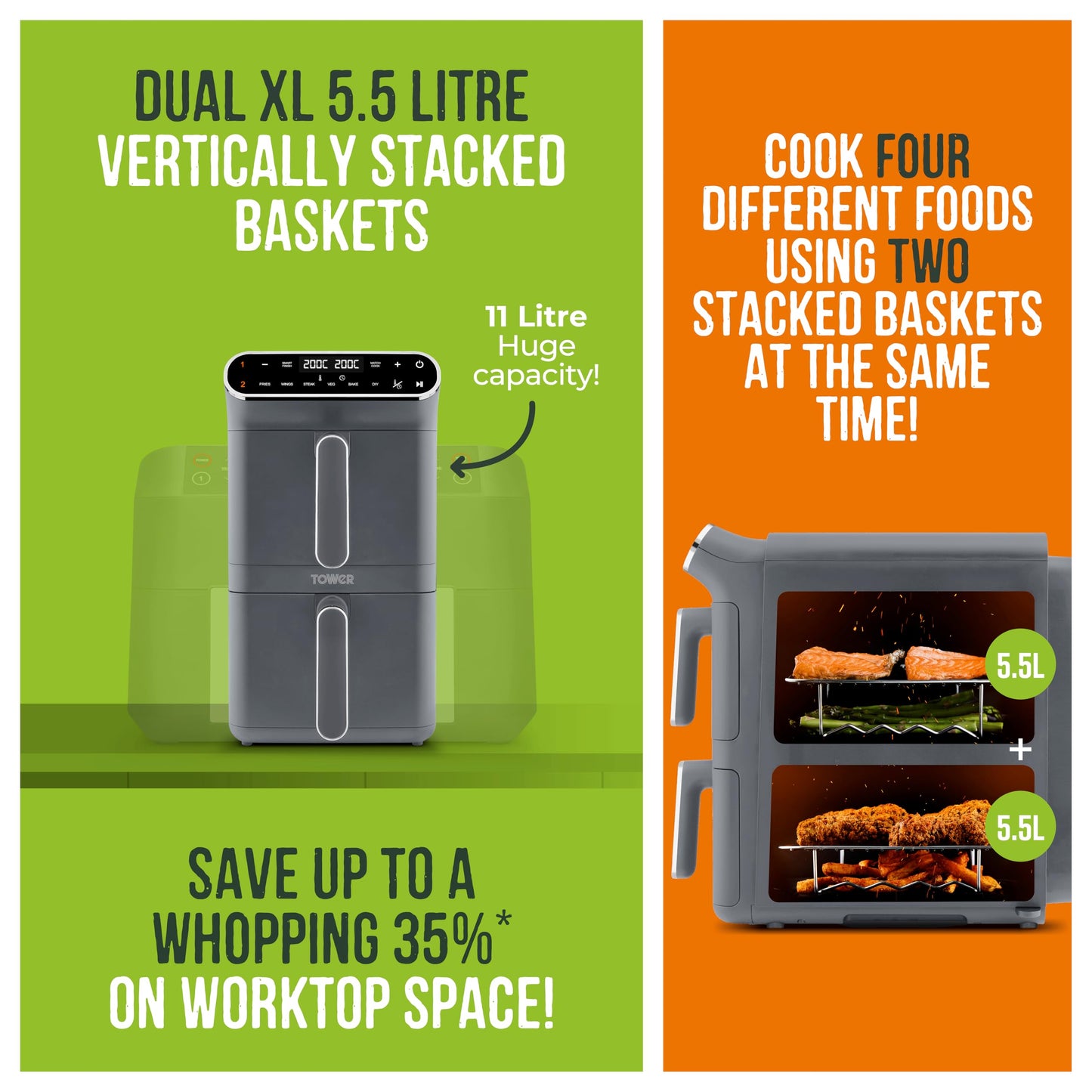 Tower Vortx XL Dual Stack Air Fryer – 11L, Digital Control, 6 Presets, Graphite