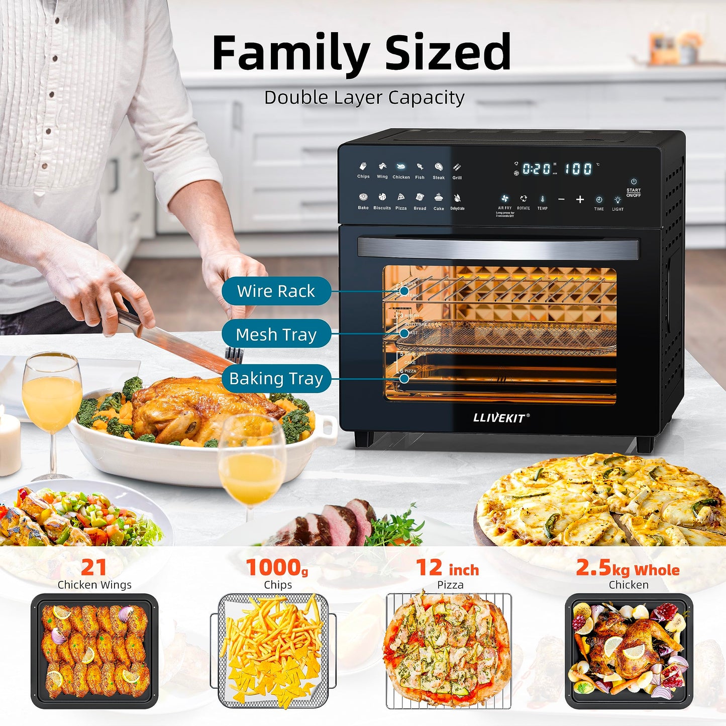 LLIVEKIT 26L Air Fryer Mini Oven – Rotisserie, 12 Presets, Countertop Design