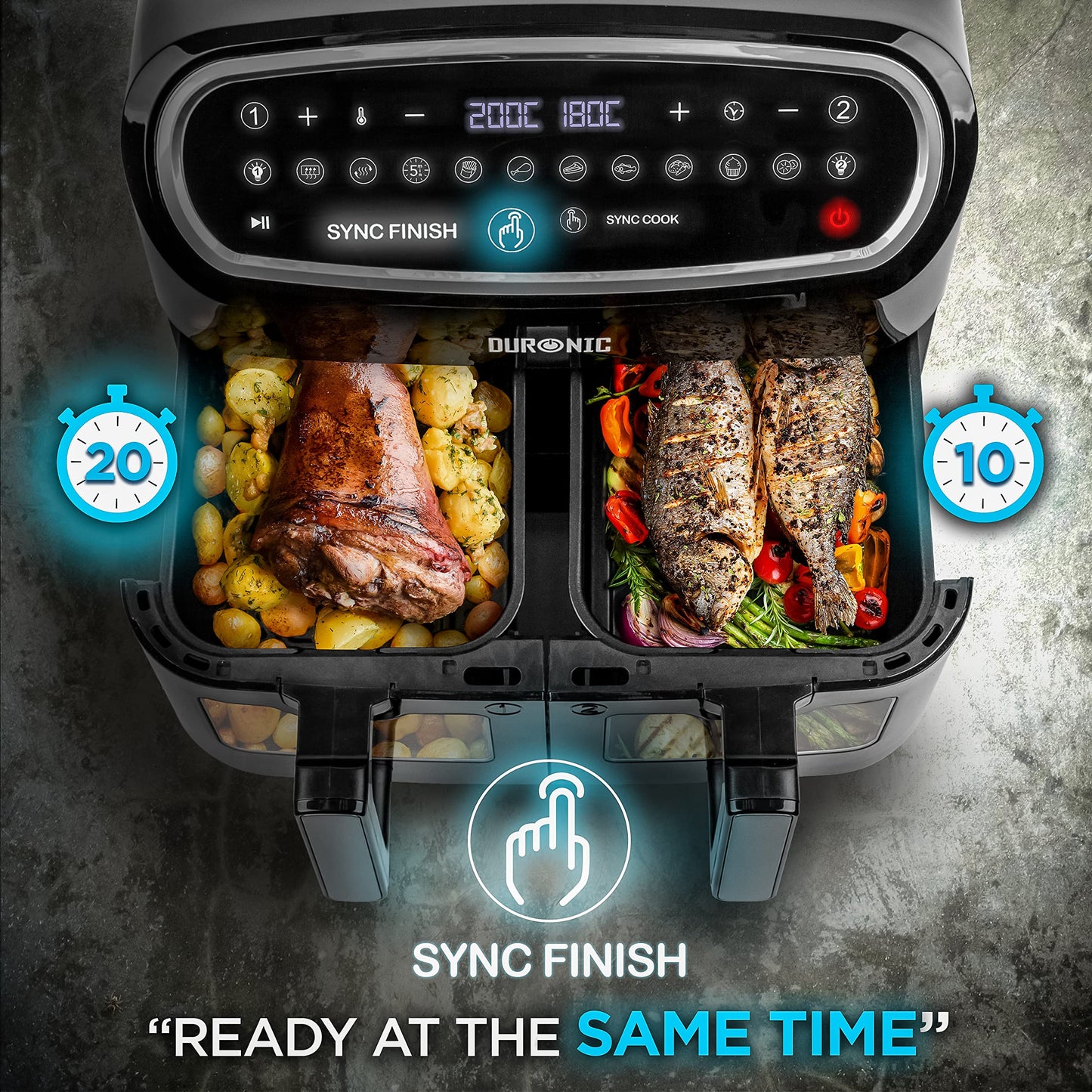 Duronic AF34 Triple Drawer 10L Air Fryer – Dual Zone, Visual Window, 10-in-1