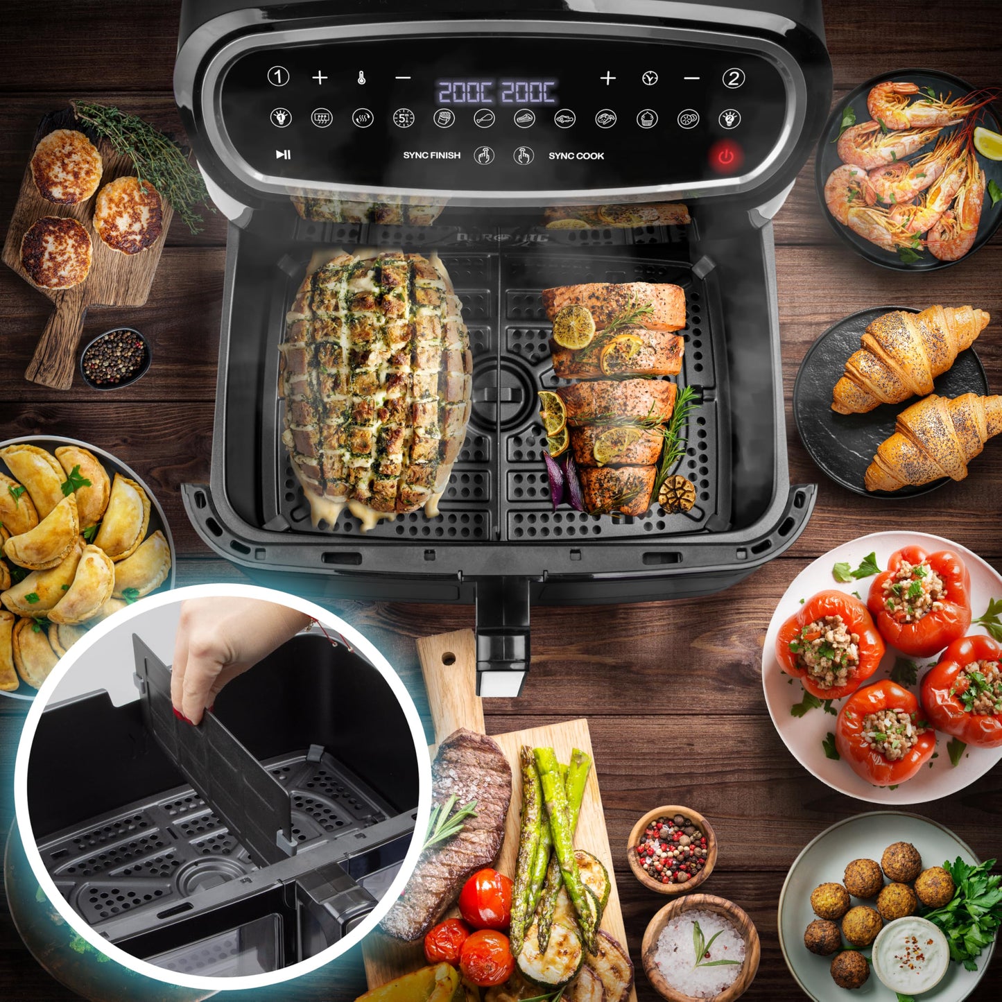 Duronic AF34 Triple Drawer 10L Air Fryer – Dual Zone, Visual Window, 10-in-1