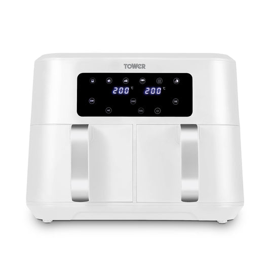 Tower Vortx Dual Basket Air Fryer – 8.5L, Dual Cook, 2400W, White & Chrome