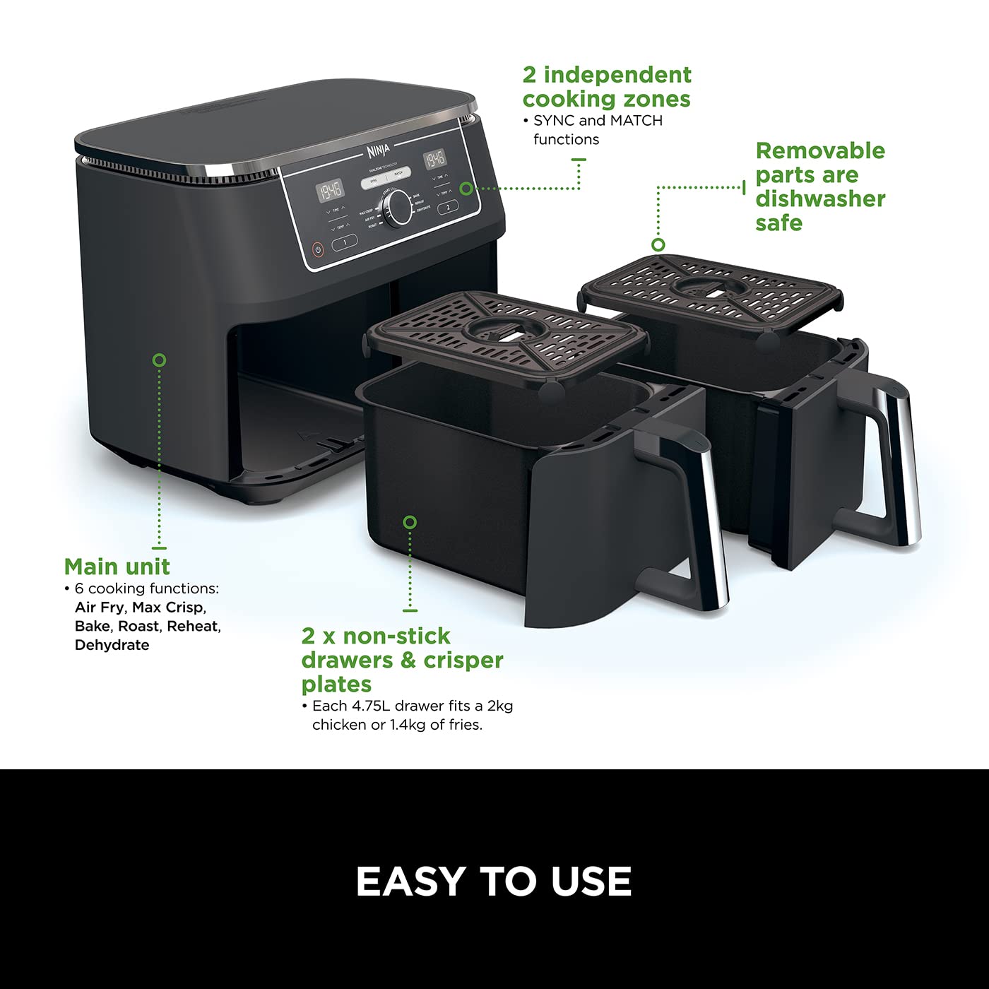 Ninja Foodi MAX Dual Zone Air Fryer – 9.5L, 2 Drawers, 6-in-1 Cooking, Black
