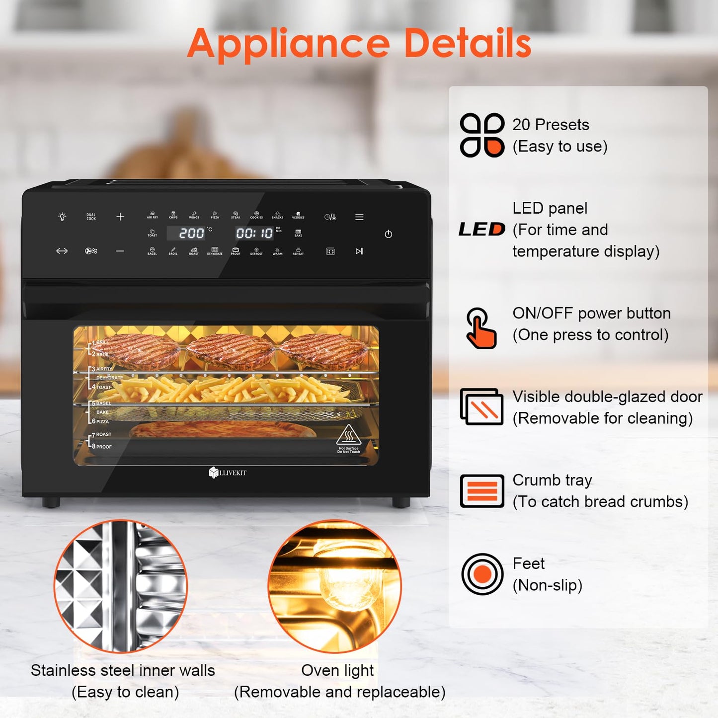 LLIVEKIT 30L Air Fryer Oven – Rotisserie, 20 Programs, LED Touch, Stainless Steel