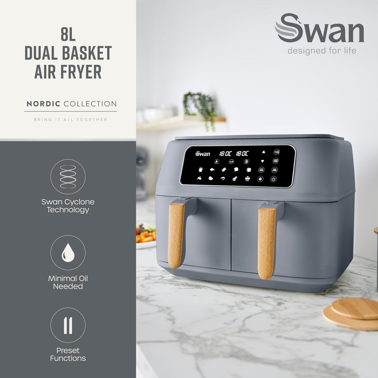 Swan Nordic Duo Dual Basket Air Fryer – 8L, 13-in-1 Presets, Grey