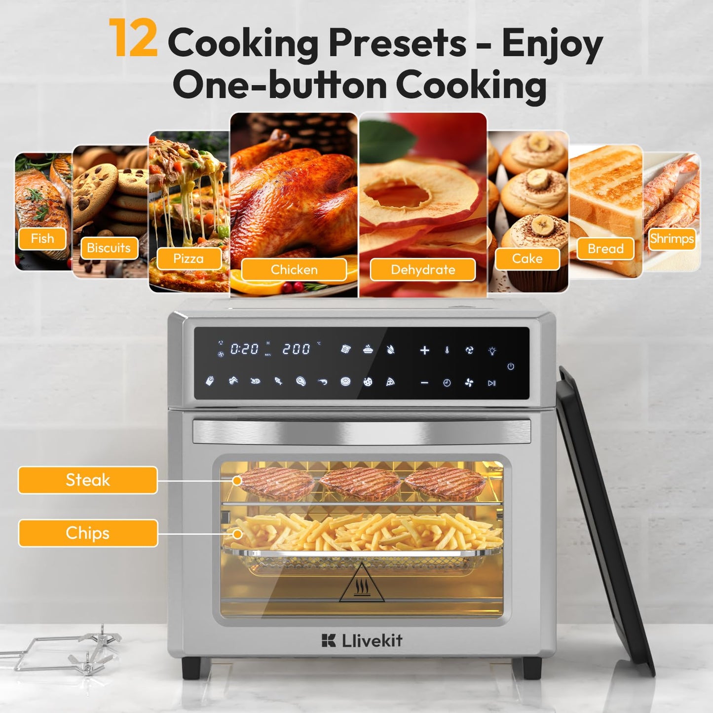 LLIVEKIT 26L Air Fryer Oven – Rotisserie, 12-in-1 Programs, Stainless Steel