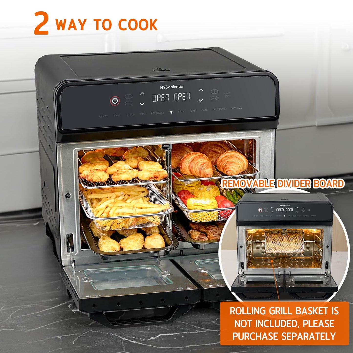 HYSapientia 22L Dual Zone Air Fryer Oven with Rotisserie – 10-in-1, Stainless Steel
