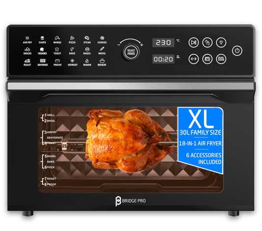 BridgePro 30L Digital Air Fryer Oven – Rotisserie, 18-in-1 Presets, 1800W