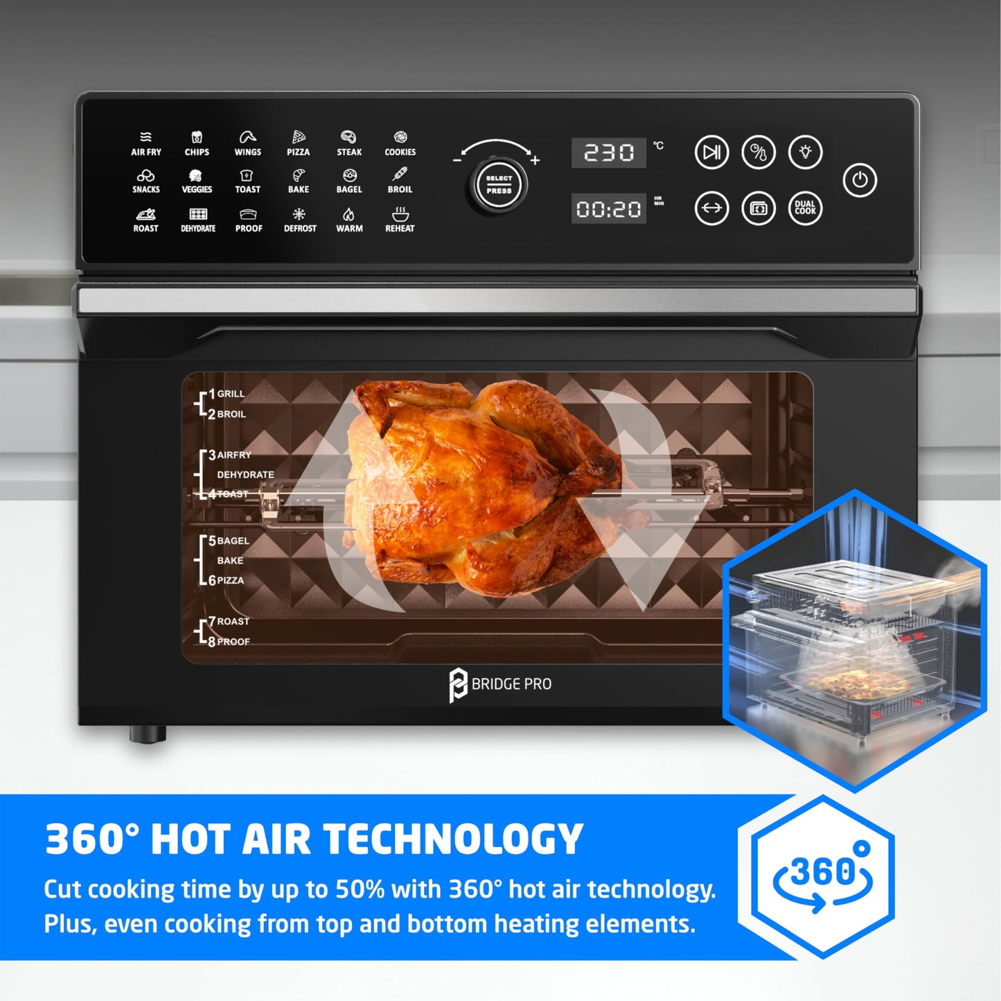 BridgePro 30L Digital Air Fryer Oven – Rotisserie, 18-in-1 Presets, 1800W