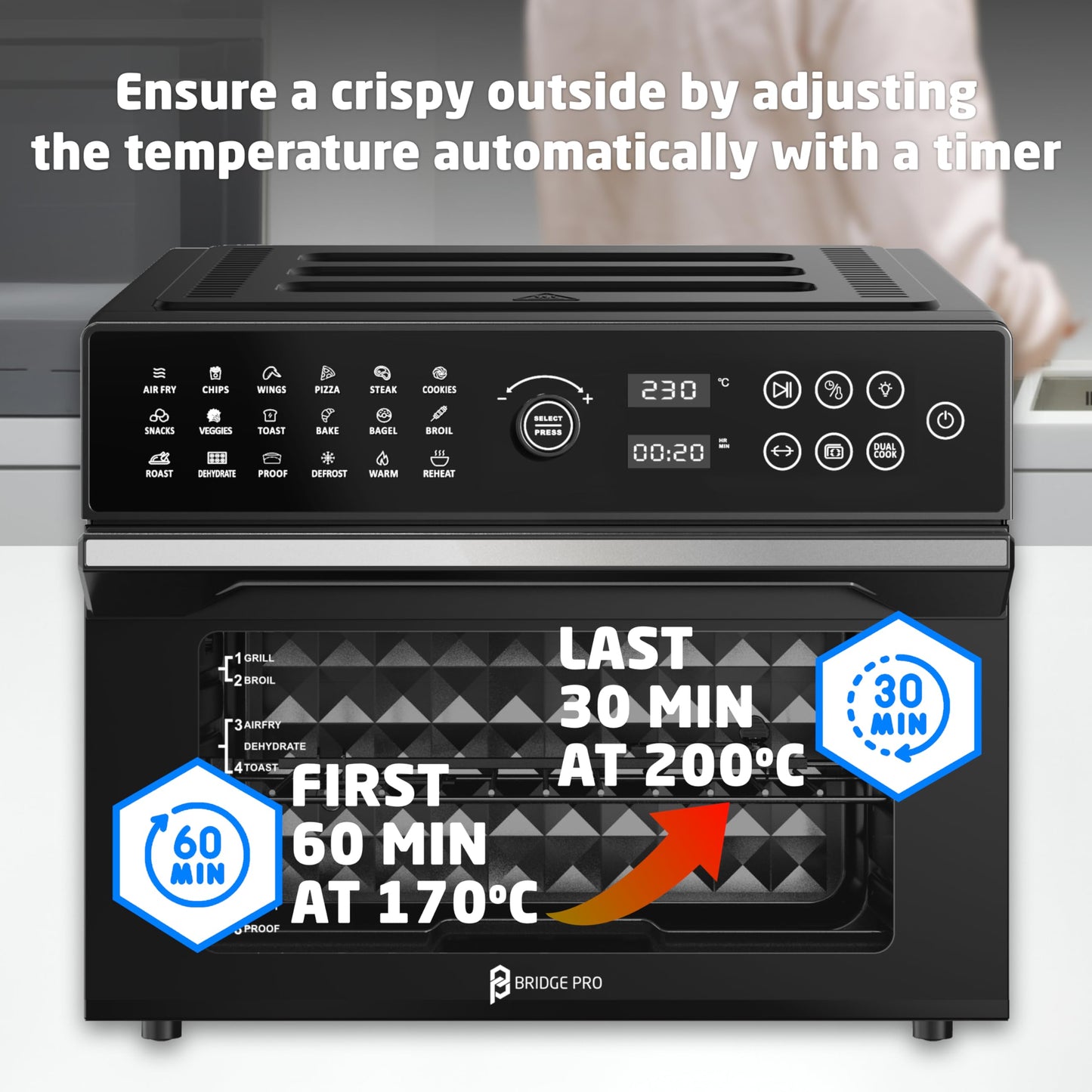 BridgePro 30L Digital Air Fryer Oven – Rotisserie, 18-in-1 Presets, 1800W